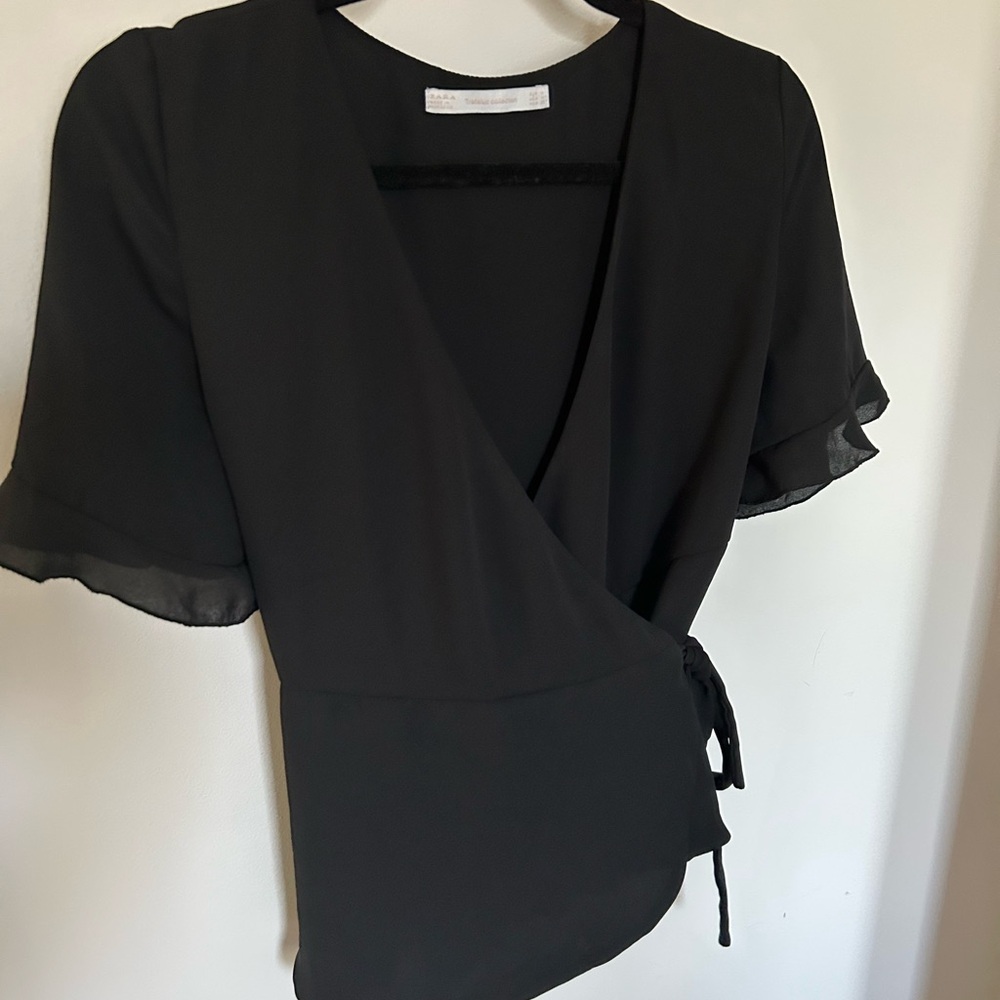 Zara Black Flutter Sleeve Wrap Blouse